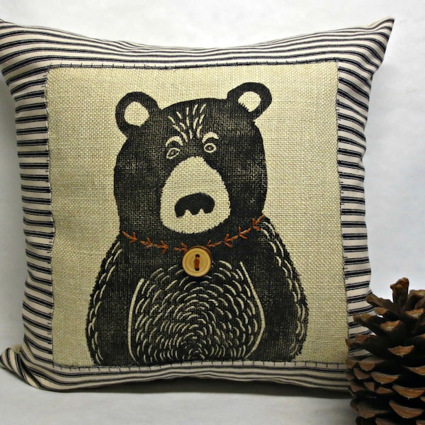 Black Bear Throw Pillow - Winter Cabin Pillow - Woodland Rustic Pillow / s Day Gift