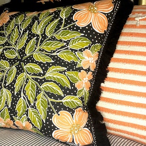Decorative Black, Peach and Green Floral Printed Pillow with Black Brush Fringe Trim image 2
