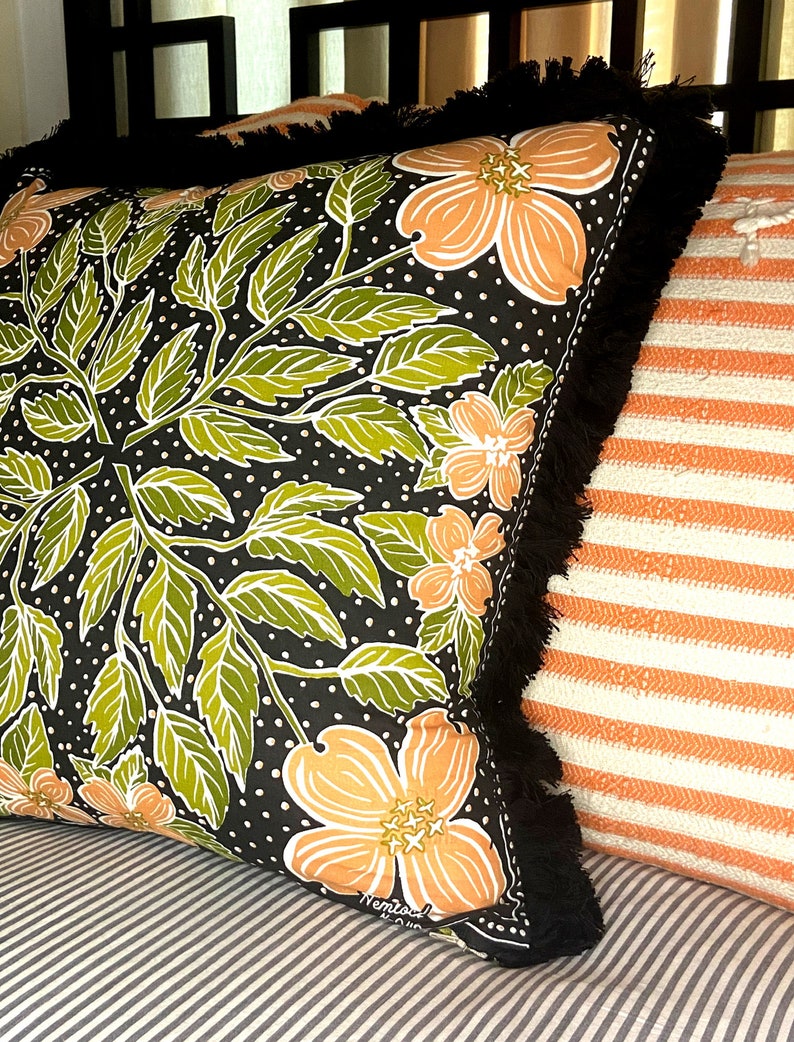 Decorative Black, Peach and Green Floral Printed Pillow with Black Brush Fringe Trim image 2