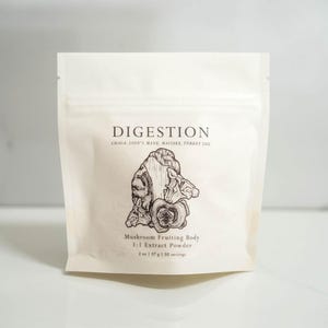May include: White pouch with a brown illustration of a mushroom on the front. The pouch is labeled "DIGESTION" and "Mushroom Fruiting Body 1:1 Extract Powder".