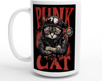 Mug Punk Cat White 15oz Ceramic Coffee Cup Unique Gift for Cat Lovers Edgy Animal Design