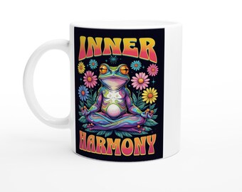 Inspirational Fun Mug - Inner Harmony Frog White 11oz Ceramic Mug for Office and Friends