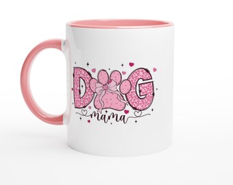 Mug Dog Mama Ceramic Coffee Cup 11oz White with Pink Color Inside | Gift for Dog Lovers, Pet Mom Mug