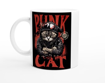 Mug Punk Cat White 11oz Ceramic Coffee Cup Cute Cat Lover Gift Cute Animal Mug