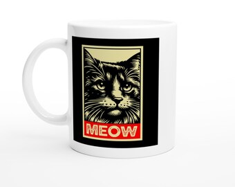 Mug Meow White 11oz Ceramic Coffee Mug Cute Cat Lover Gift Tea Cup Dishwasher Safe