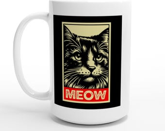 Mug White Ceramic 15oz Coffee Cup with Cute Meow Cat Design Perfect Gift for Cat Lovers & Coffee Enthusiasts
