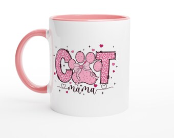 Mug Cat Mama White 11oz Ceramic Coffee Cup with Pink Interior – Cute Cat Lover Gift, Durable Tea Mug for Women