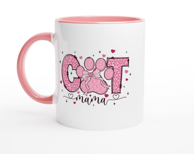 Featured listing image: Mug Cat Mama White 11oz Ceramic Coffee Cup with Pink Interior – Cute Cat Lover Gift, Durable Tea Mug for Women