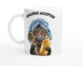 Challenge Accepted! Cat White 11oz Ceramic Mug For Cat Lovers Who Relate to Feline Baths~