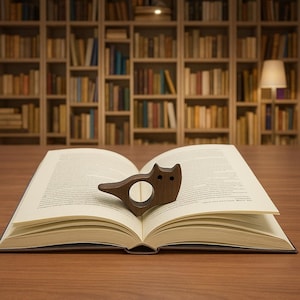 Peut inclure: Un marque-page en bois en forme de chat est posé sur un livre ouvert. Le support marron foncé a une ouverture circulaire et deux petits trous pour les yeux. Le livre est ouvert sur une table en bois, avec une bibliothèque en arrière-plan.