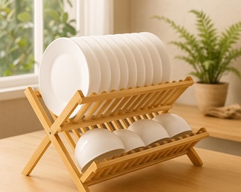 Bamboo Double-Layer Dish Drying Rack: Kitchen Counter Organizer