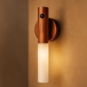 Wooden Led Wall Sconce: Motion Sensor Night Light, Magnetic Mount
