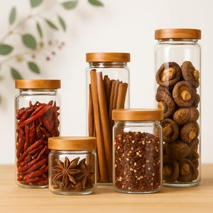 Airtight Glass Storage Jars Set with Natural Wood Lid for Kitchen Pantry Herbs Spices Cereal Dried Foods Coffee Organizer Canister