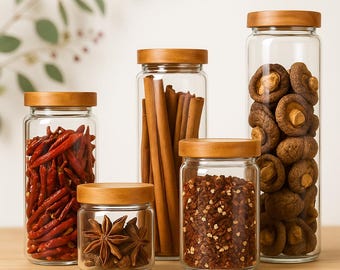 Conjunto de potes de vidro herméticos para armazenamento: recipientes de cozinha com tampa de madeira natural