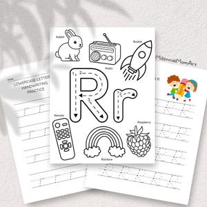 Hoja de trabajo de aprendizaje preescolar de la letra R / Trazado, coloreado y práctica de escritura a mano / Fonética del sonido "R" (PDF imprimible)
