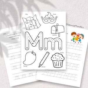 Hoja de trabajo de aprendizaje preescolar de la letra M / Práctica de seguimiento del alfabeto / Fonética del sonido "M" (PDF imprimible)