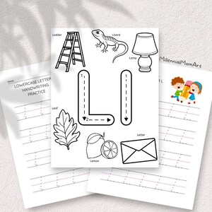 Hoja de trabajo de aprendizaje preescolar de la letra L / Trazado del alfabeto y práctica de escritura a mano / Fonética del sonido "L" (PDF imprimible)