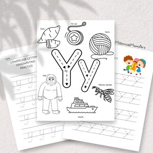 Hoja de trabajo para preescolar con la letra Y / Página para colorear y trazar el alfabeto / Fonética del sonido "Y" / PDF imprimible para niños pequeños y jardín de infantes