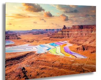 Bunte Pottasche Teiche Wüste Sonnenuntergang Wolken Nähe Moab Utah USA | Reise-Landschaft Fotografie Leinwand Metall Druck Wohnzimmer Schlafzimmer Wandkunst