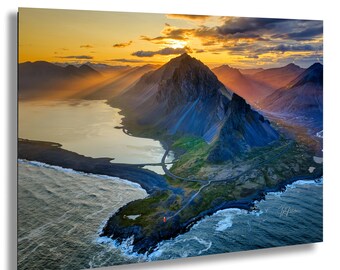 Eystrahorn Mountain at Sunset with the Hvalnes Lighthouse Iceland | Travel Drone Photography Canvas Metal Print Livingroom Bedroom Wall Art