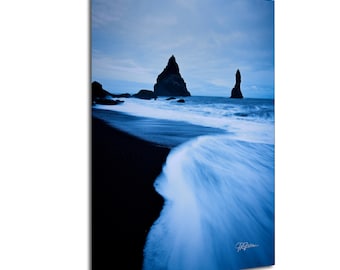 Reynisdrangar Sea Stacks Reynisfjara Black Sand Beach Iceland Blue Hour | Travel Photography Canvas Metal Print Livingroom Bedroom Wall Art
