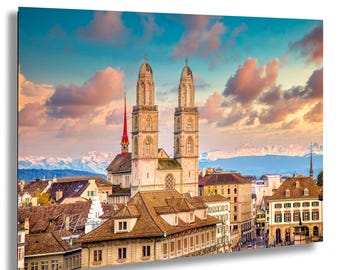 Grossmünster Church Sunset Zürich Switzerland Mountains | Travel Landscape Photography Canvas Metal Print Livingroom Bedroom Wall Art