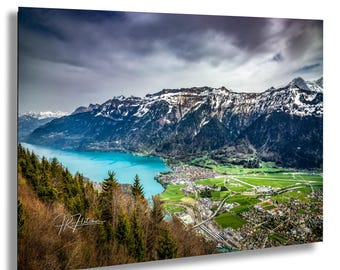 Interlaken and Lake Brienz Aerial View Switzerland Brienzersee | Travel Landscape Photography Canvas Metal Print Livingroom Bedroom Wall Art