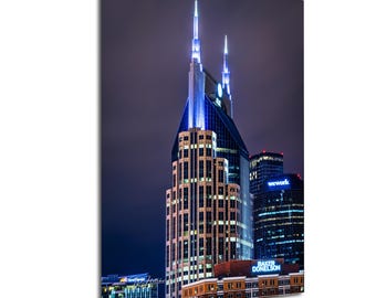 Nashville AT&T Building Night | Downtown Cityscape Travel Photography Landmark Canvas Metal Print Livingroom Bedroom Wall Art Tennessee USA