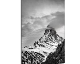 The Matterhorn Dramatic Black and White Zermatt Switzerland | Travel Landscape Photography Canvas Metal Print Livingroom Bedroom Wall Art