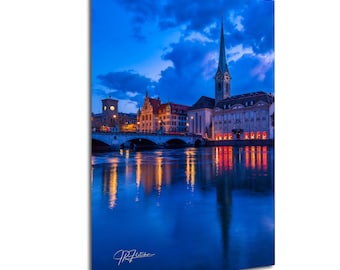 Fraumünster Church Zürich Architecture Blue Hour Switzerland | Travel Landscape Photography Canvas Metal Print Livingroom Bedroom Wall Art