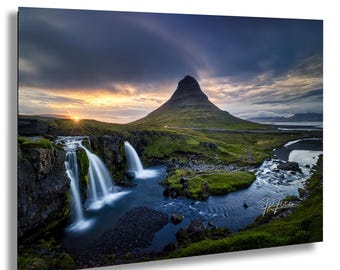 Kirkjufell Waterfalls at Sunset Snæfellsnes Peninsula Iceland | Travel Landscape Photography Canvas Metal Print Livingroom Bedroom Wall Art