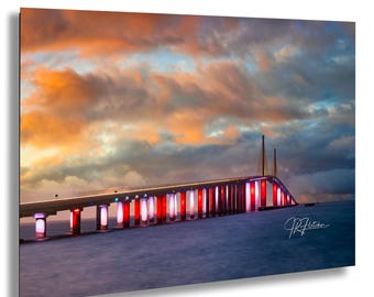 Sunshine Skyway Bridge Lights Tampa St Petersburg Florida Dawn | Travel Landscape Photography Canvas Metal Print Livingroom Bedroom Wall Art
