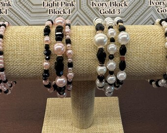 Ivory Pink Black Faux Pearl Bracelet Set