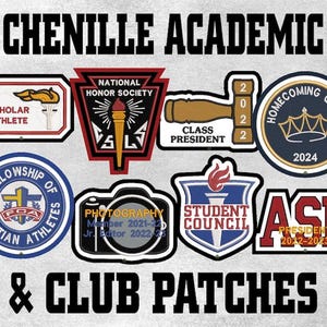 Pode incluir: Uma coleção de patches acadêmicos e de clubes de chenille. Os patches incluem "Scholar Athlete", "National Honor Society", "Class President", "Homecoming Queen 2024", "Fellowship of Christian Athletes", "Photography", "Student Council" e "ASB President 2022-2023".