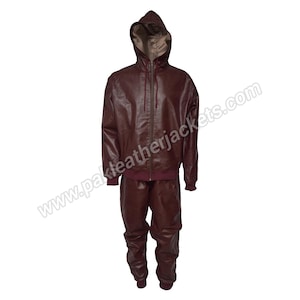 Men’s Hand Made Real Leather Style Fashion Maroon Color Tracksuit Jogging Trousers Sports Hoodie Set