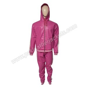 Girl&#39;s Hand Made Real Leather Style Fashion Pink Color Tracksuit Jogging Trouser Sports Hoodie Set