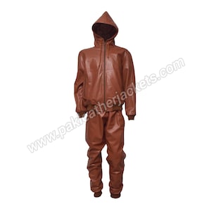 Men’s Hand Made Real Leather Style Fashion Brown Color Tracksuit Jogging Trousers Sports Hoodie Set