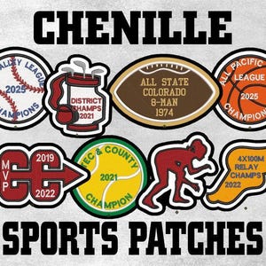 May include: Chenille sports patches featuring baseball, golf, football, and basketball designs. Patches include text such as "Champions," "MVP," and "Relay Champs," with various years. The word "Chenille" and "Sports Patches" are displayed.