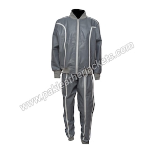 New Arrival Hand Made Fashion Style Grey Real Leather Jacket with Trouser With White Side Stripes