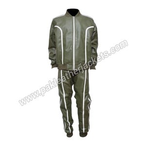 New Arrival Hand Made Fashion Style Olive Green Real Leather Jacket with Trouser With White Side Stripes