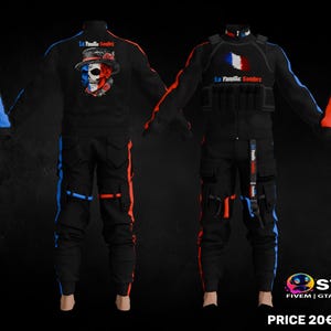 Puede incluir: Traje táctico negro con detalles azules y rojos. El conjunto incluye una chaqueta y pantalones con rayas y el texto "La Famille Sombre". La parte trasera de la chaqueta presenta un diseño de calavera.