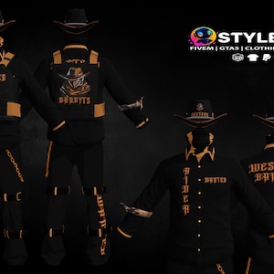 Könnte beinhalten: Schwarzes und goldenes Western-Outfit mit Cowboyhut. Das Outfit umfasst eine Jacke, eine Hose und ein Hemd, die alle die Wörter "Wanted Rider" und "Western Bandits" in goldfarbenen Buchstaben tragen. Das Bild zeigt auch das Stylehub-Logo.