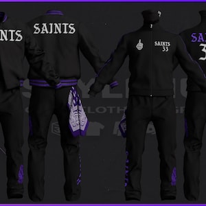 May include: Black athletic tracksuits with purple accents and the word "SAINTS" in white. The image shows multiple outfits, including jackets, pants, and a vest. Some outfits have the number "33".