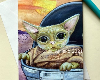 Baby Yoda Cat, Grogu, Greeting Card, Star Wars Fan Art, Devon Rex Cat, Alien Cat