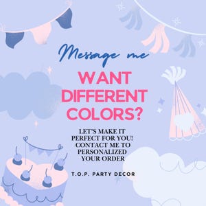 May include: A light blue and pink birthday cake with white frosting and cherries on top. The background is light blue with pink and blue party decorations. The text says "Message me WANT DIFFERENT COLORS? LET'S MAKE IT PERFECT FOR YOU! CONTACT ME TO PERSONALIZED YOUR ORDER T.O.P. PARTY DECOR"