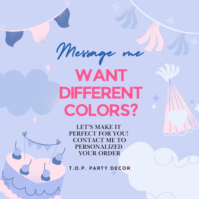 May include: A light blue and pink birthday cake with white frosting and cherries on top. The background is light blue with pink and blue party decorations. The text says "Message me WANT DIFFERENT COLORS? LET'S MAKE IT PERFECT FOR YOU! CONTACT ME TO PERSONALIZED YOUR ORDER T.O.P. PARTY DECOR"