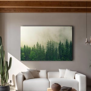 Misty Forest Landscape Photography Canvas for Bedroom Living Room Office, Calm Nature Wall Art Green Decor, Minimalist Modern Wall Accent