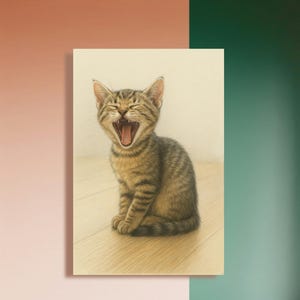 Dibujo de gato realista enmarcado para pared / Lindo retrato de gatito a lápiz para sala de estar o guardería / Impresión vertical en lienzo para amantes de las mascotas