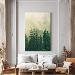 Framed Forest Wall Art for Bedroom or Living Room – Misty Nature Canvas Print, Tranquil Green Landscape for Modern Rustic Home Décor
