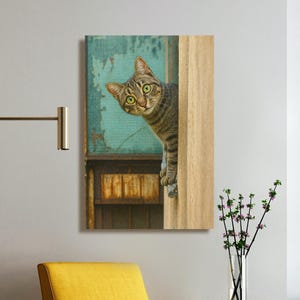 Arte de pared con dibujo de gato realista enmarcado / Póster de gato atigrado juguetón estilo lápiz / Linda decoración de mascota para sala de estar o entrada con impresión de gato juguetón